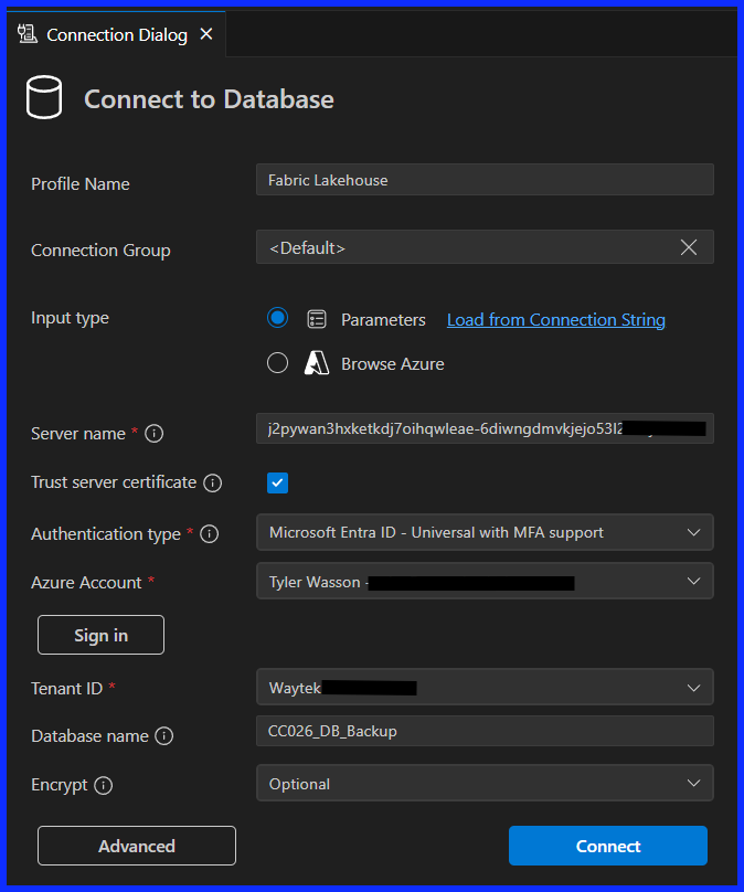 Fill In Connection Dialog Tab